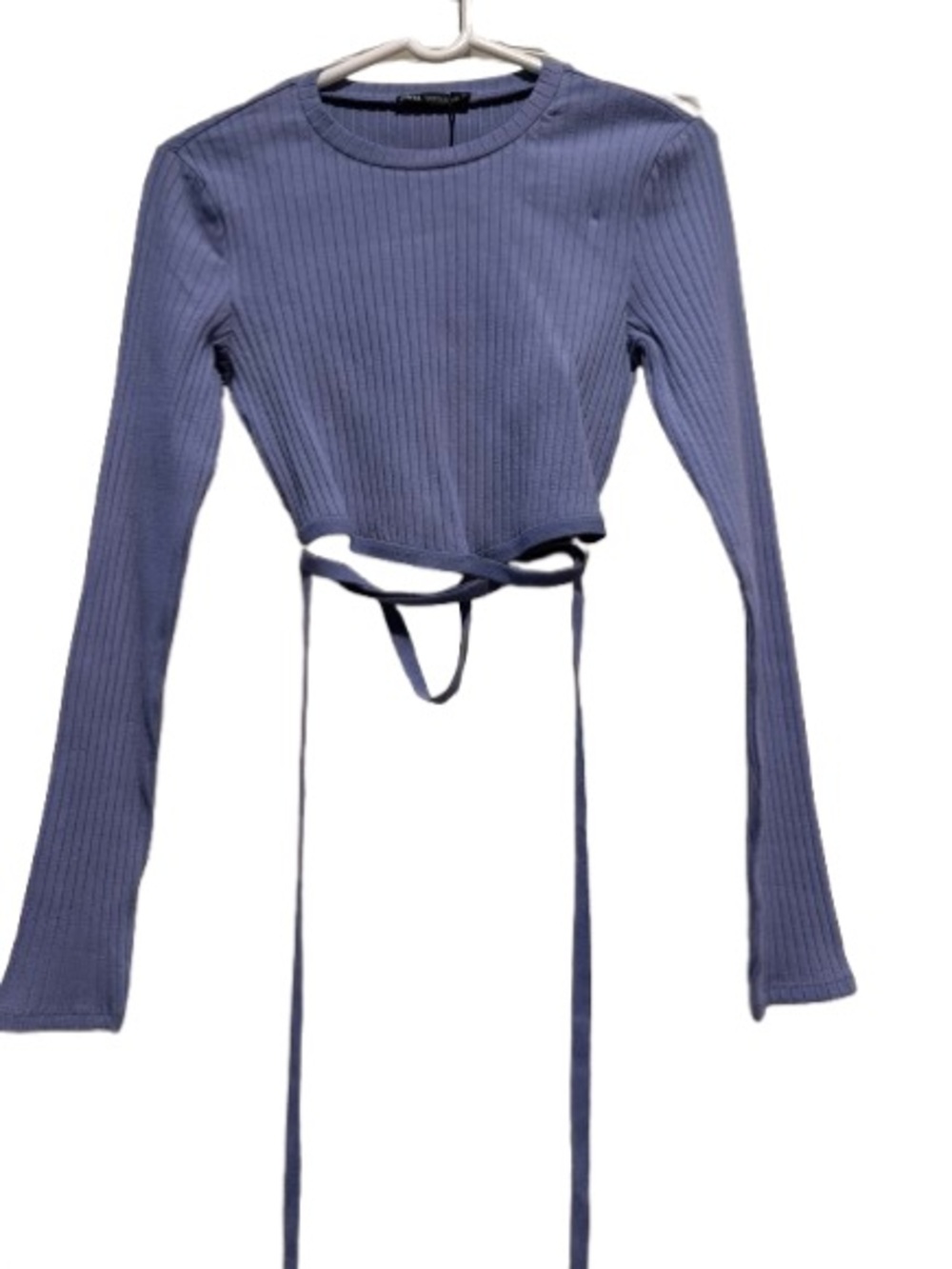 Zara Ribbed Long-Sleeve Tie-Back Crop Top - Dusty Blue